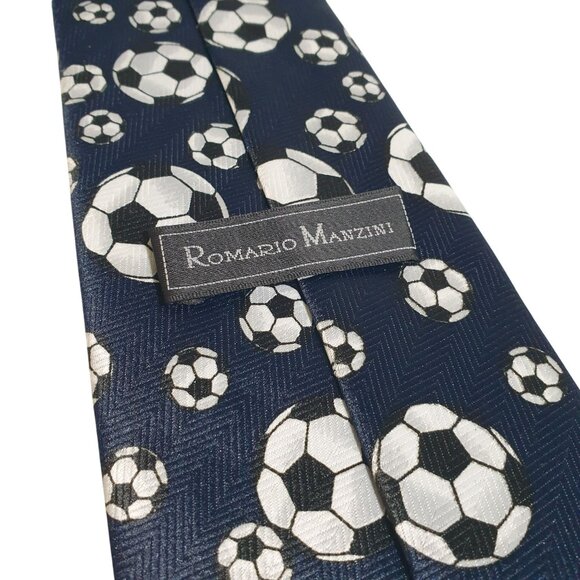 Romario Manzini Soccer Ball Necktie Mens Sports Pattern Navy White 3 Inch Tie - Picture 4 of 5